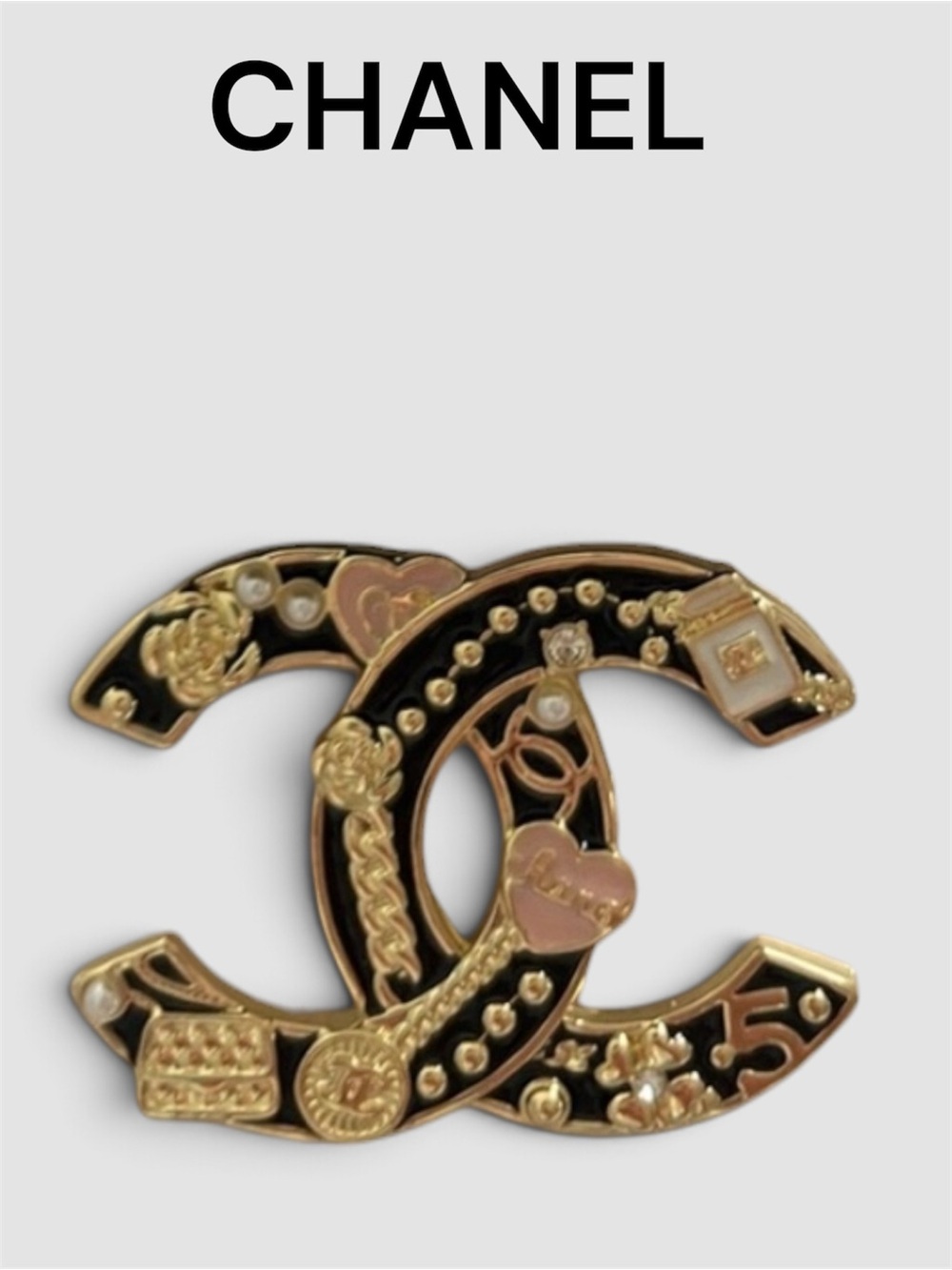 Chanel Logo Gold Tone Metal Black/Pink Enameled Brooch Pin
